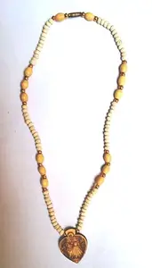 Handcrafted Wooden Heart Pendant Necklace, Radha Krishna Design, White Beaded Chain with Gold Accents