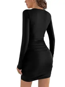 MIRABI Plunge Neck Ruched Bodycon Dress (Medium) Black