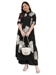 ANNI Designer Women Viscose Blend Straight Fit Printed Kurta Palazzo Set | Mandarin Neck Outfit | Lightweight Breathable Fabric | Comfortable Elegant Styling for Office Casual Wear