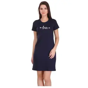 ANURUPAM FASHION Love Printed Cotton T-Dress for Women - Round Neck A-Line Dress for Girls (Navy Blue-M)