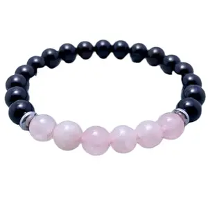 LKBEADS Rose Quartz & Tourmaline Bracelet, Handmade Beaded Bracelet, Healing Gemstone Jewelry, Gift for Her, Crystal Energy Accessory|8mm Round|Smooth|Pink & Black|SRC_LI_000343