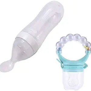 MOM'S PRIDE 90ML Newborn Baby Feeding Bottle | Toddler Silicone Squeeze Feeding Spoon Milk Cereal Training Feeder and Rattle Fruit feeder | (Set of 2) (White, Blue)