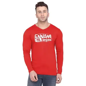 Fashions Love Men Cotton Full Sleeve V Neck Stylish Mens Casual Wear Poda Andavane Nama Pakkam Irukan Creative Graphics Printed Printed T Shirt FSVN-3990-L Red
