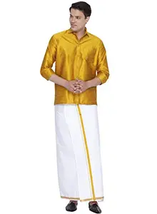 VASTRAMAY Men Yellow Cotton Silk Shirt and Dhoti Set (VASMSH002MDnMU1_46)