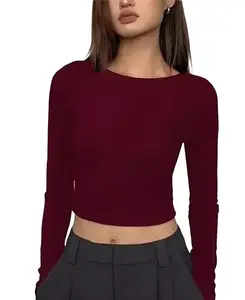 Viswel New Deep Back Full Sleeve Crop top for Women and Girls Neck 3 Stripe (3Patti) (in, Alpha, S, Regular, Maroon)