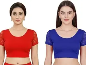 TRUNESS Round Neck Cotton Lycra Stretchable Half Net Sleeve Readymade Saree Blouse for Women and Girls, Size (26 to 44)