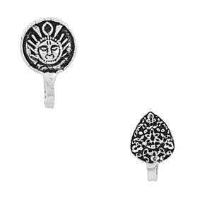 ACCESSHER Silver Plated Oxidised Alloy Tribal Nose Pin, Antique Clip On Combo Nose Pin Small Nath for Festive Occasion for Women and Girls (Pack of 2)
