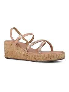 Inc.5 Womens Peach Party Wear Ethnic Striped Wedge Heel Sandals