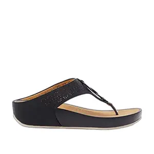 shoexpress Womens Slip-On Thong Sandals with Cutwork Design, Black, 6