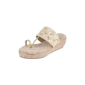 Metro Women Gold Embellished Faux Leather Ethnic Wedge Heels Sandal UK/5 EU/38 (35-1285)