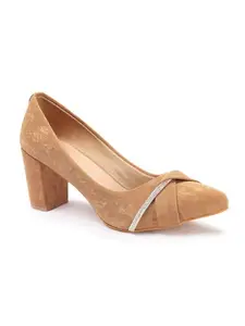 Carlton London Women Camel Stylish Slip-on Pump Shoes with Block Heels, Pointed Toe for Party and Formal Occasions (38)