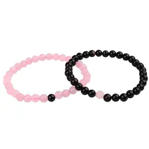 Shubhanjali Pink Rose Quartz & Black Onyx Beads Couple Bracelets 6 MM His & Her Elastic Matching Bracelet for Unisex |Wrist Pair Long Distance Bracelet for Valentine's Love Gift