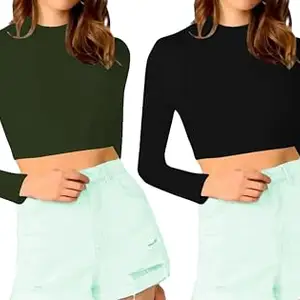 THE BLAZZE Women's Cotton Latest Trendy Round Neck with Full |Long Sleeve Regular Fit Casual Wear Black Crop Top for Women L180 KB1128 (S, AGR_BLK)