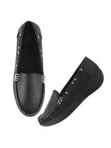 Shoetopia Upper Buckle Detailed Black Loafers for Women & Girls