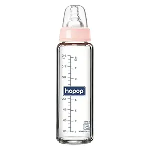 Hopop Slim Glass Feeding Bottle |Borosilicate Glass Anti Colic Nipple |BPA Free | Easy to Hold Baby Glass Feeding Bottle for 0m+ Newborn Babies/Infants/Toddler | (Pink, 250 ml)