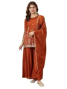 Colors Of Earth Women's Silk Embroidered Kurta Palazzo Set with Dupatta | 3 Piece Suit Set | Festive Kurti Set