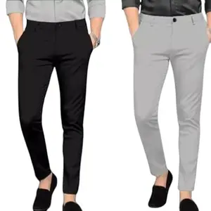 VARDHMAN FASHION Men's Lycra Slim Fit Formal Trouser Pant - Pack of 2 (Black,Grey,30)