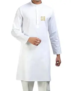 Traditional White Cotton Kurta with Gold Embroidered Logo, Long Sleeves (in, Alpha, M, White)