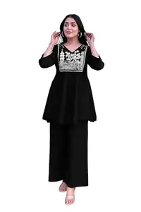 Women's Cotton Embroidered Cord Set, V-Neck Top with Palazzo Pants, 3/4 Sleeve, Traditional Design (IN, Alpha, 3XL, Regular, BLACK)