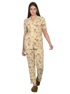 Maysixty® Women Viscose Rayon Printed Collared Beige Half Sleeve Top & Pyjama Set