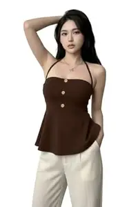TIVANTE Solid Halter Neck Peplum Top for Women with Button Detail | Sleeveless Crop top for Women | Korean top
