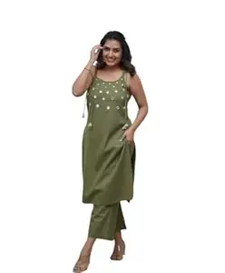 The King Shope Women's Cotton Embroidery Sleeveless Kurti with Ankle Length Pant Set