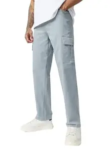 The Souled Store Straight-Fit Denim: Slate Grey Men and Boys Zip Fly Grey Washed Cotton Spandex Durable Everyday Streetwear Cargo Pocket Straight Fit Denim Jeans