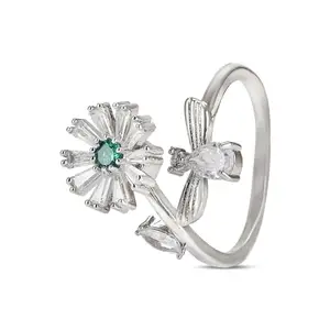 PrabhuSita Flower Ring Butterfly Charm Rotating Silver Metal Rings Stainless Steel Female Crystal Ring Engagement, Wedding Band Adjustable Ring for Womens & Girls