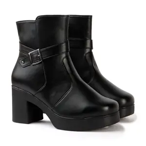 STRASSE PARIS Women Black Ankle Length Block Heel Boots | Stylish Synthetic Leather Boots with Side Buckle | Comfortable,8