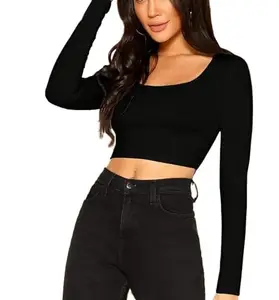 Basic Women's Sexy Top Black Scoop Neck Solid Tops Full Sleeve Blouse Crop Top for Women(XL, Black)