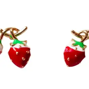 Strawberry Enamel Stud Earrings, Red and White, Gold-Toned Metal,enamel coating strawberry hanging demifing earings