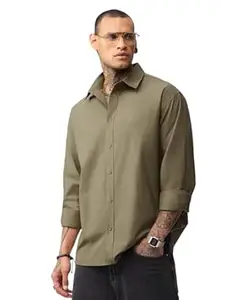 The Souled Store Easy-Fit: Clover Men and Boys Long Sleeve Collared Olive Green Solid Cotton Lightweight Easy to Style Everyday Office Wear Relaxed Shirt