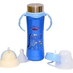 Duggu kids Baby Stainless Steel Multi-Functional Thermal Insulation Feeding Bottle Water Milk Juices Feeder Anti-Slip with Anti-Colic Nipple and Handles for Kids/Toddlers/Infants (Blue) 180 Ml