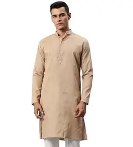 Majestic Man Men's Cotton Regular Fit Casual Mandarin Collar Ethnic Motifs Solid Long Kurta