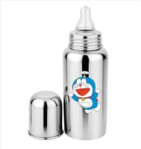 Duggu Kids Stainless Steel Feeding Bottle 304 Grade Steel with Anti Colic Silicone Nipples - 250 ml (Silver) /Ideal for Newborns and Toddlers/Doremon Theme Baby Milk Feeding Bottle (Pack of 1)