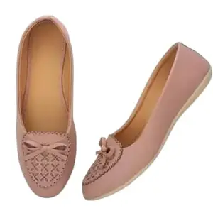 Women's Casual Ballet Flats, Pink Leather, Bow Design with Lattice Pattern (Off Pich, UK Footwear Size System, Adult, Women, Numeric, Medium, 4)