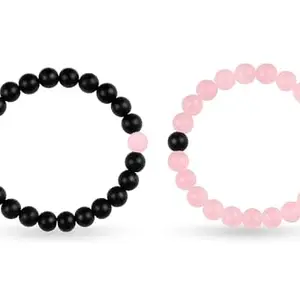 SIDS Jewels- Couple Bracelet Set for Men & Women – Natural Black Onyx & Rose Quartz 8mm Gemstone Beads Stretch Bracelets – Handmade Jewelry Gift for Anniversary, Valentine’s, Friendship