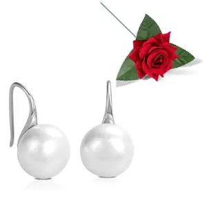 Peora Pearl Studded Silver Plated Drop Earrings Fashion Valentines Gift for Women & Girls with Red Rose