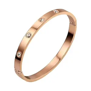 DIVAART Rose Gold-Plated Designer Bangle for Women | Stylish Anti-Tarnish Stainless Steel Ovel shape Kada with Crystal Studs | Daily & Office Wear Fashion Bracelet