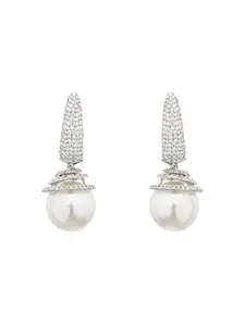 SARAF RS JEWELLERY Rhodium plated Pearl Statement Drop Minimal Drop Earrings