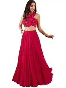 Women's Trending Designeer Georgette Embroidery work Lehenga Choli Stitched Blouse and Fit & Flare Style For Navrati || Wedding