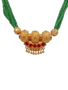 Traditional Emerald Beaded Mangalsutra Necklace, Gold-Toned Pendant with Red Stones, Multi-Strand Design