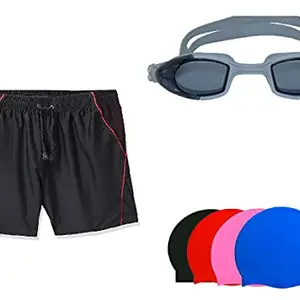 I-SWIM Swimming Shorts V-216 Black RED Piping Size 3XL with Goggles Silicone is-PLYR with Box White/Pink and 100% Silicone Swimming Cap Plain Black