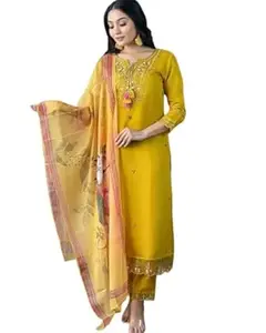 Cozykind Women chanderi silk kurti pant with dupatta 3/4 sleeve v neck kurti set for women