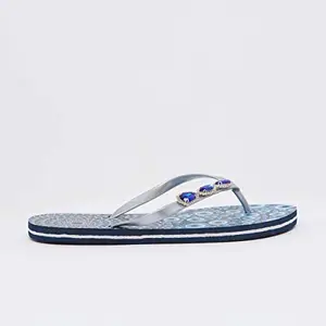 shoexpress Women's Printed Thong Slippers with Embellishment Blue 5 Kids UK (660227)