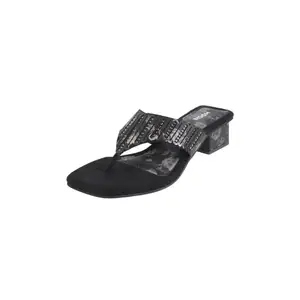 Mochi Women Black Block Heel Ethnic Slip-on Sandal UK/7 EU/40 (32-1094)