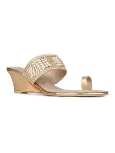 Inc.5 Womens Rose Gold Ethnic Embellished Square Toe Wedge Heel Sandals