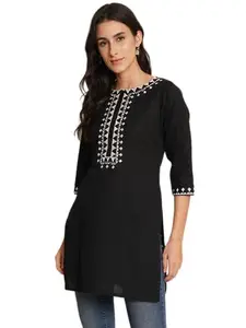 Diktmark Cotton Embroidered Women's Short Kurta - Elegant Ethnic Wear for Every Occasion (S, Black)