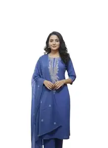 Cotton Embroidered Kurti Set with Pant and Dupatta, Traditional Indian Ethnic Wear, 3 Piece Suit