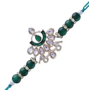 I Jewels Mens Gold Plated Ethnic Enamel Pearl Beads Rakhi With Roli Chawal & Rakshabandhan Card For Brother/Bro/Bhai (R066G)